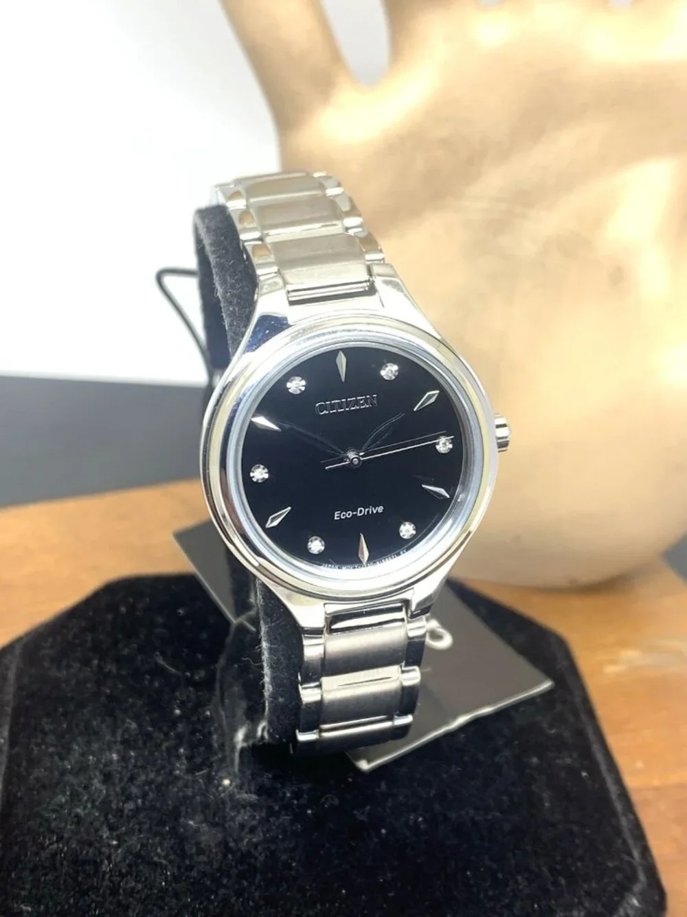 Citizen Womens Watch FE2100-51E Eco Drive Diamond Accent Black Dial Silver Steel